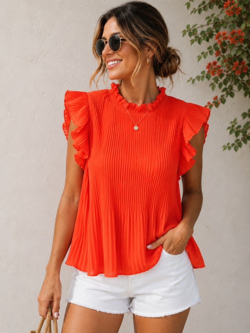 TCEC Pleated Ruffle Sleeve Top - Orange Red
